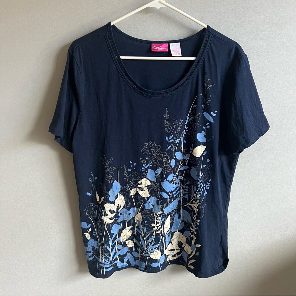 Cappagallo L Navy Blue Floral Short Sleeve Shirt Tee T-Shirt - Picture 11 of 11
